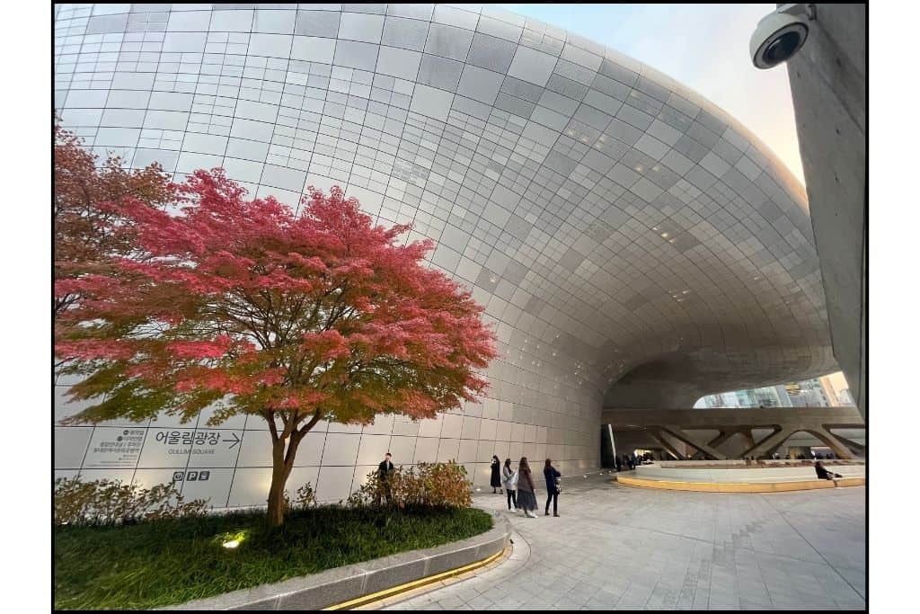 Dongdaemun Design Plaza , a beautiful exampl of architecture, sleek and silver, at dusk. 