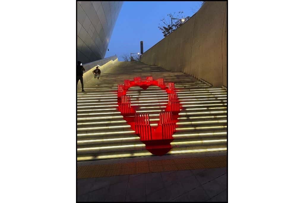 The lit up stairs with a heart in the middle at DDP