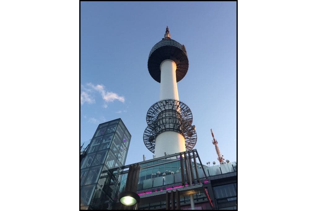 a view loooking up at N Seoul Tower, Namsan Tower, from the base, a free thing. to do in Seoul 