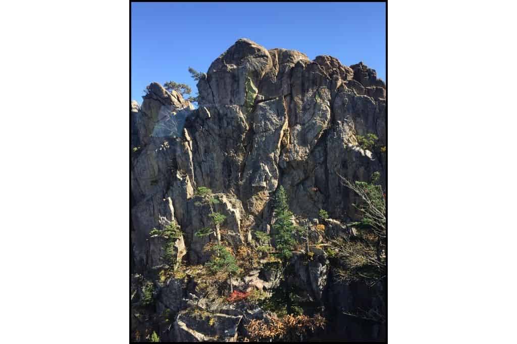 Rocky peaks and rugged cliffs at Seoraksan National Park under a clear blue sky, with green pines growing among the rocks.
