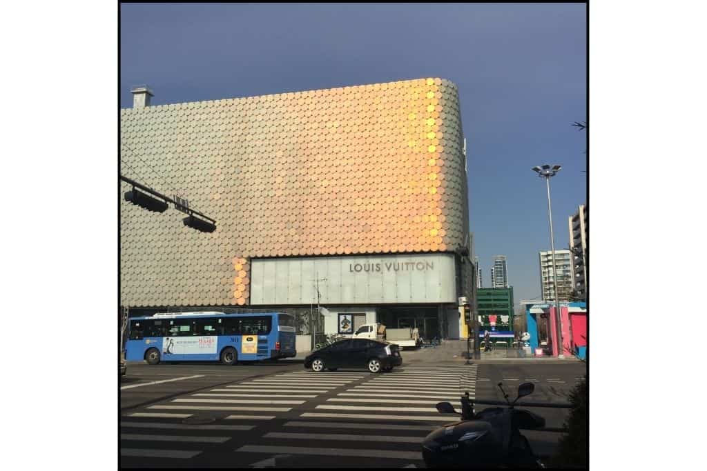 The gold facade of Luis Vitton building in Gangnam, near K-Star road