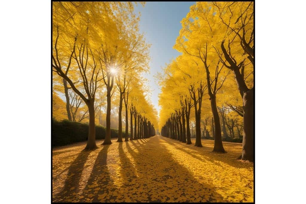 Path lined with ginko trees and foliage creating golden path at a park in Seoul