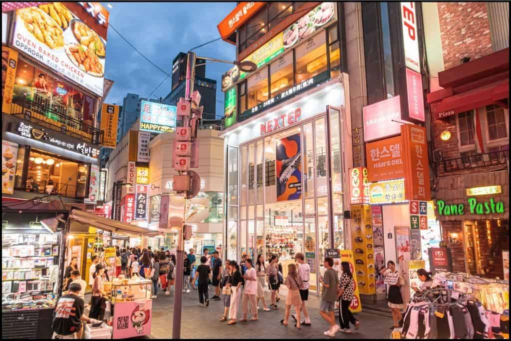 a shot of Hongdae shopping street at night
