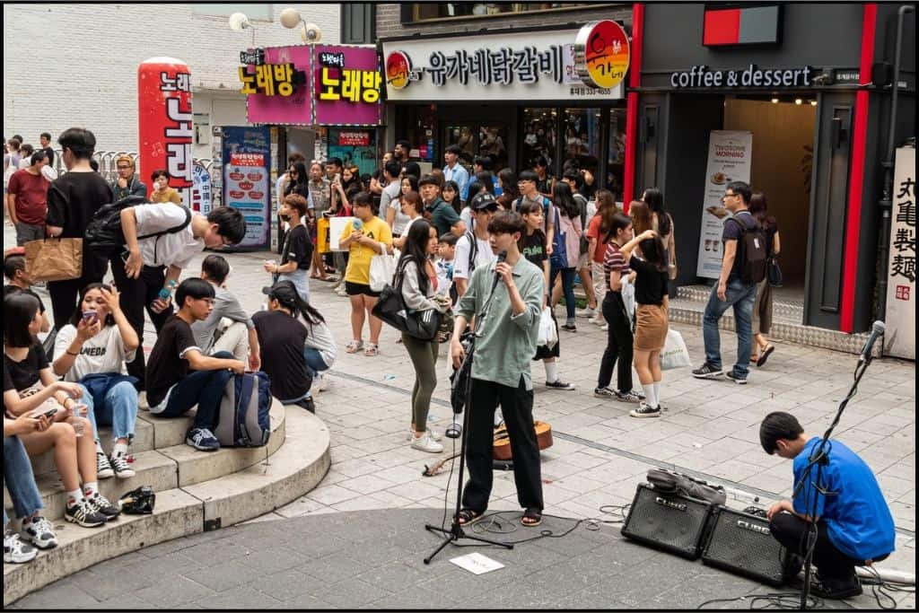 A scene of people around someone setting up to sing in the Hongdae area, known for busking