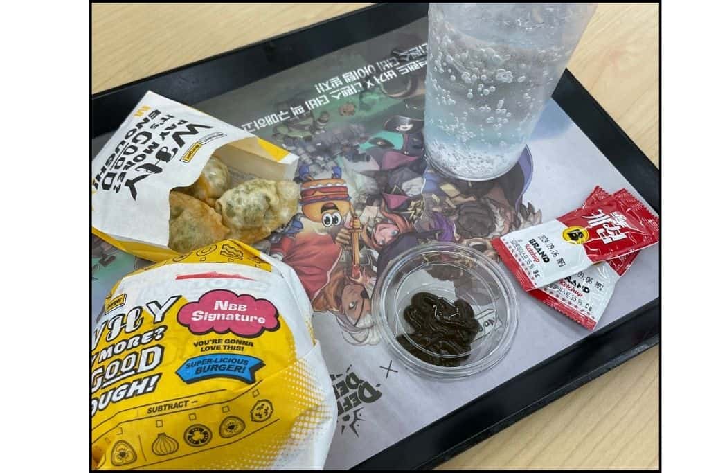 A burger 'set' including a burger, fries, and a dink at No Brand burger in South Korea