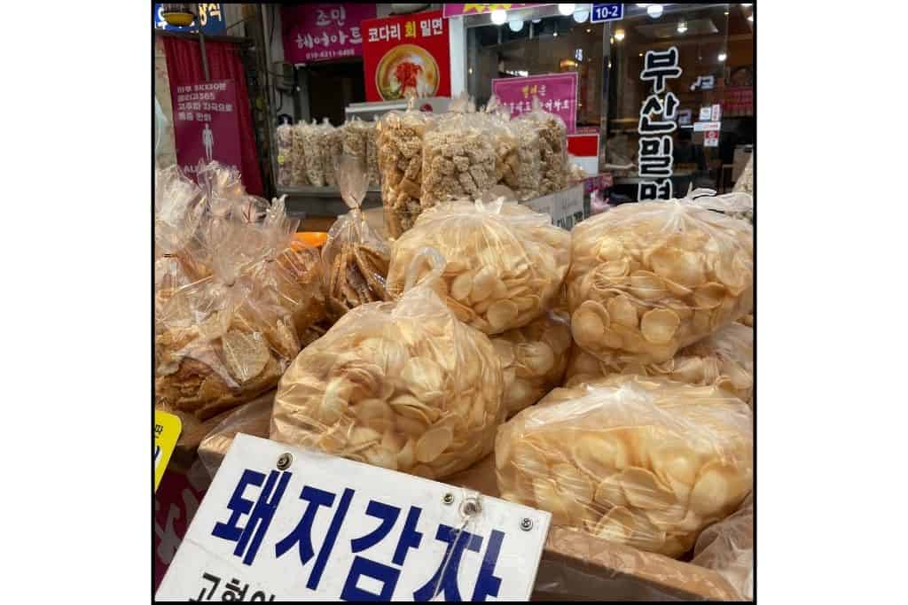 Korean snacks for sale at a traditional market in South Korea
