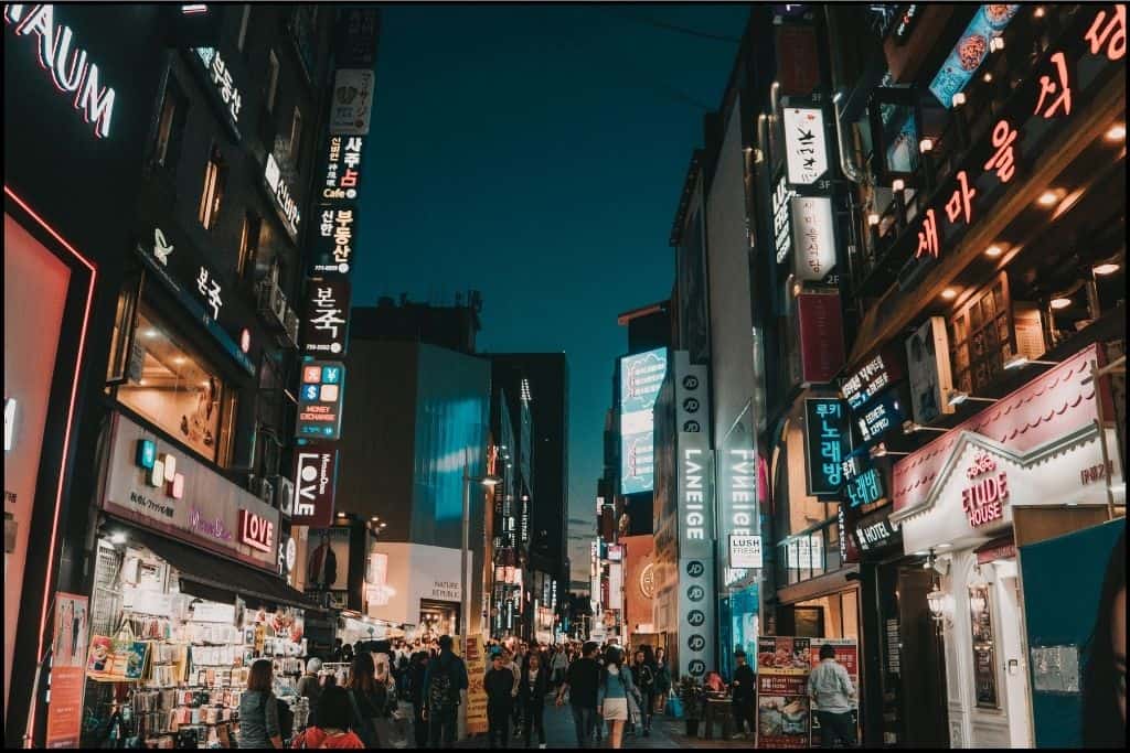 Nighttime view of lighted signage in Seoul
