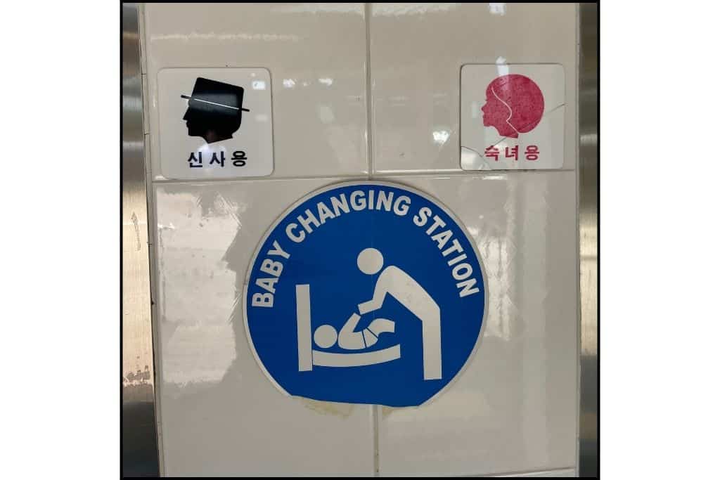 A sign for the bathrooms in South Korea, showing the shape of a mans head with a hat, and the shape. of a womans head. 
