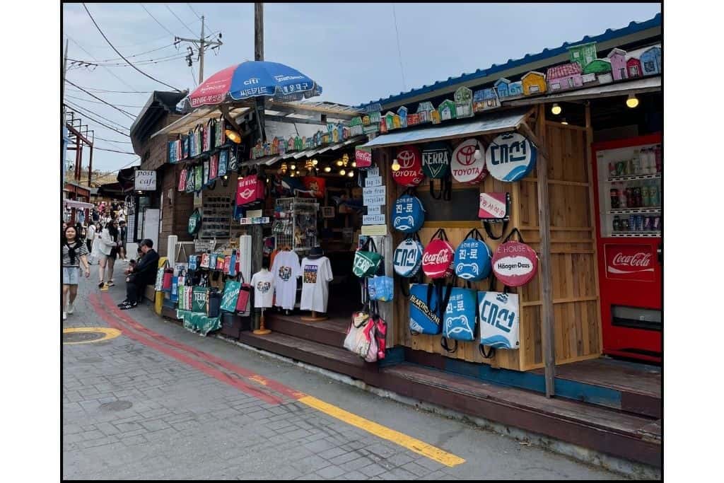 A shop in Gamcheon Cultural Village selling unique bags made from old beach unbrellas