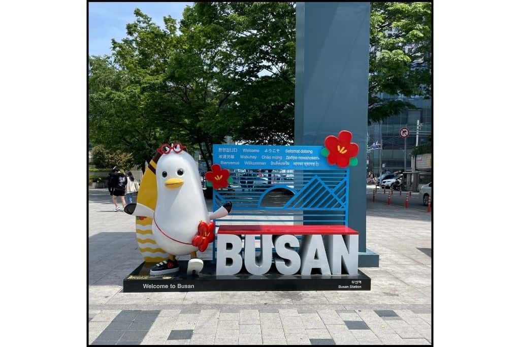 The mascot of Busan is a seagull named Boogi in front of Busan KTX station.