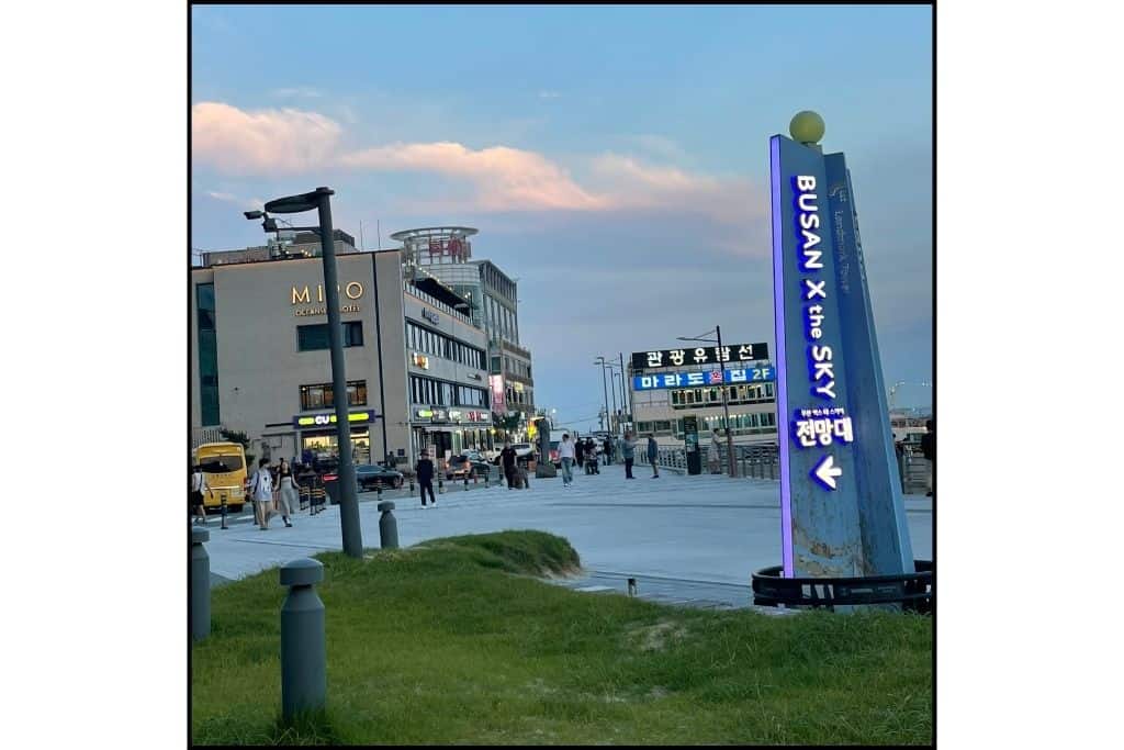 The sign on the pedetrian walkway for Busan X in the Sky at Haerundae beach, a must see thing to do