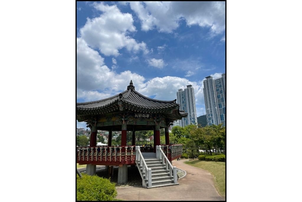 A traditional jeongja at Citizen's Park in Busan, offering a serene spot to relax and enjoy nature—an ideal thing to do in the city.