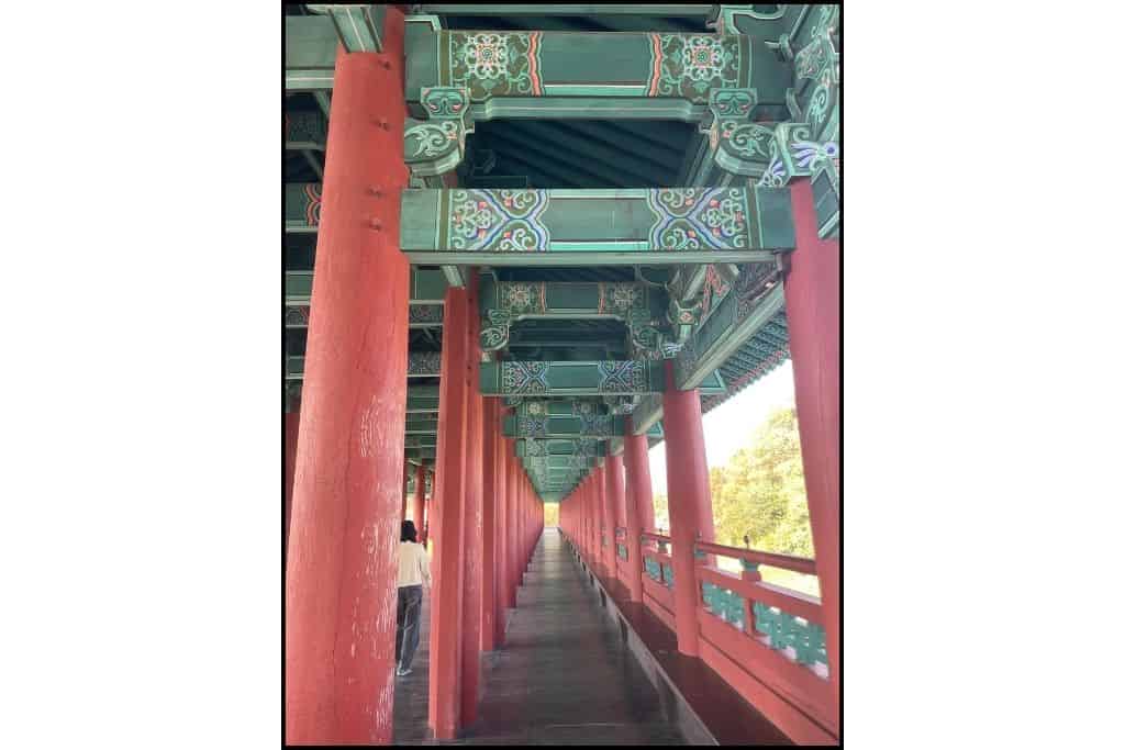 The traditional decoration and red pillars of Woljeonggyo Bridge in Gyeongju