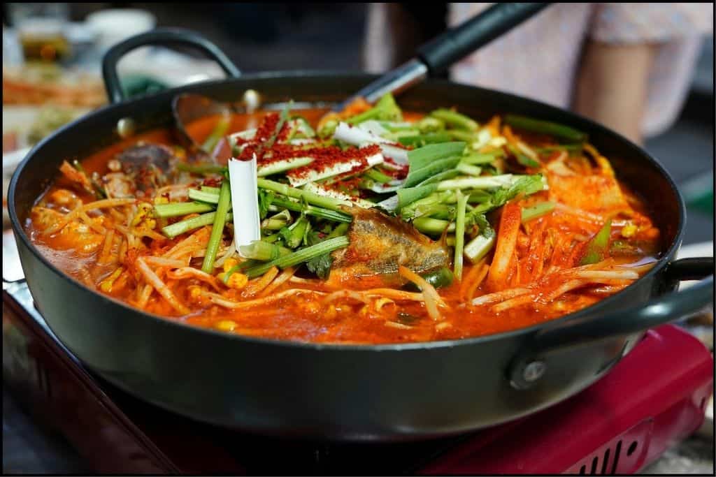 A serving of Korean stew, jigae, for two in South Korea