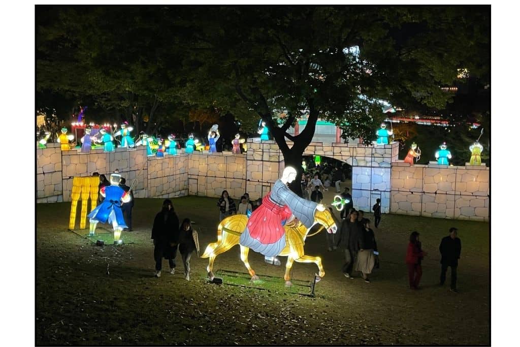 A soldier riding a horse lantern on the fortress grounds in Jinju during the lantern festival, a must see thing to do