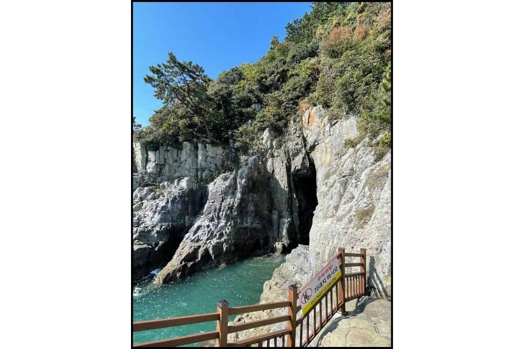Entrance to Dragon's Cave on Odongdo Island, a mysterious and natural rock formation surrounded by lush greenery.