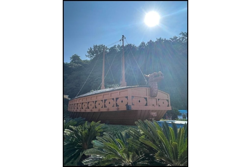 Turtle-shaped boat on Odongdo Island, a colorful and iconic symbol of Korean maritime culture.