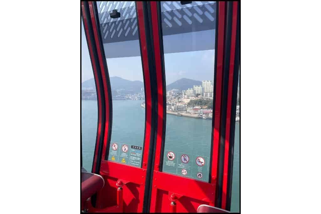 A view of the sea and town of Yeosu from the cable car