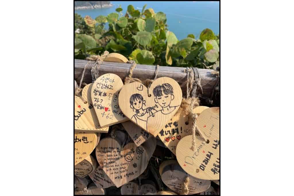 A cute wooden shaped heart a couple left professing their love at Jasan Park in Yeosu