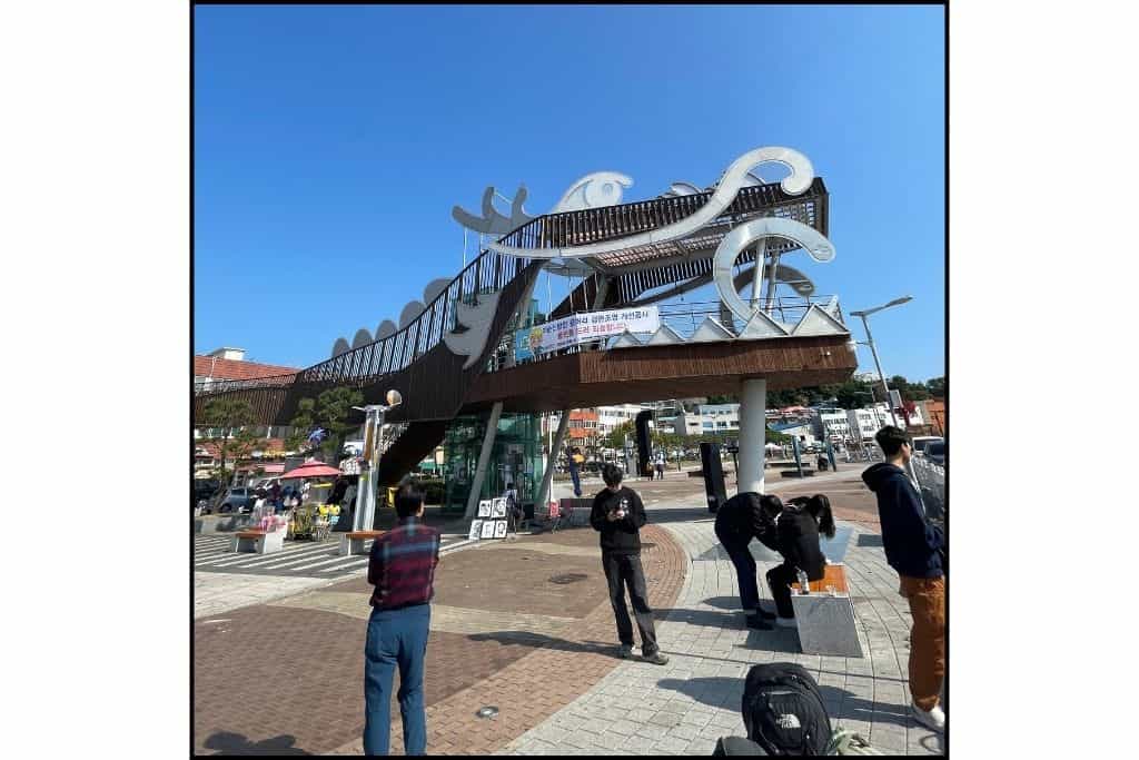 A metal dragon shaped observatory at Yi Sun Sin Square in Yeosu.
