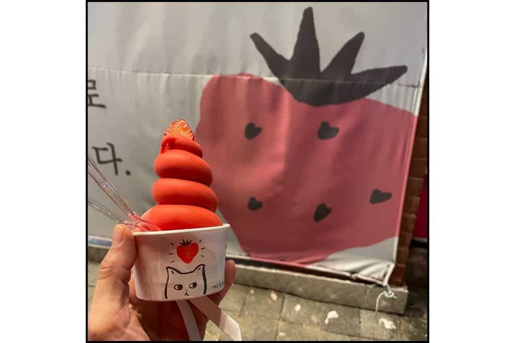 Strawberry ice cream from the iconicYeosu Strawberry Mochi Main Store