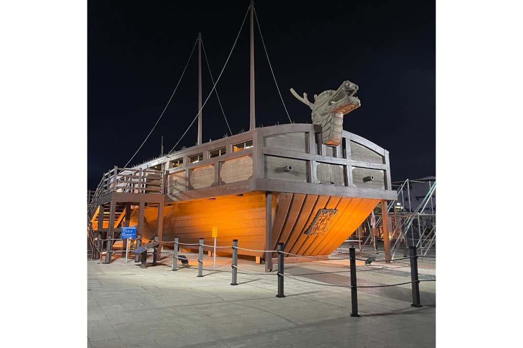 Nighttime view of a tutle boaticonic symbol of Korean maritime culture.