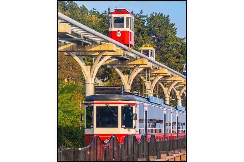 Beach train and sky capsule at Haeundae Beach