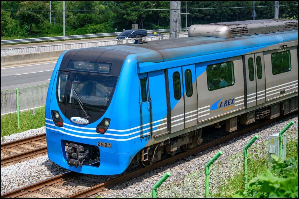 Front view of an AREX train at a station in South Korea,