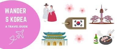 A logo banner with Namsan tower, a royal palace, Korean bbq and soju, and a couple wearing traditional hanbok graphics