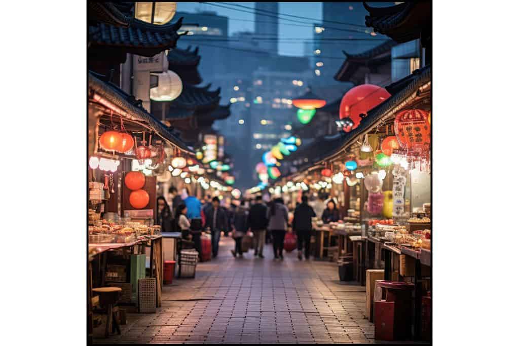 nighttime market in Seoul with colorful stalls on both sides, one of the best things to do at night in the city