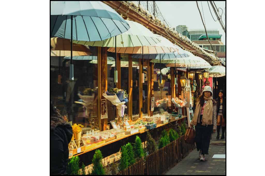 Everyday street scene in Korea – woman walking past shops.