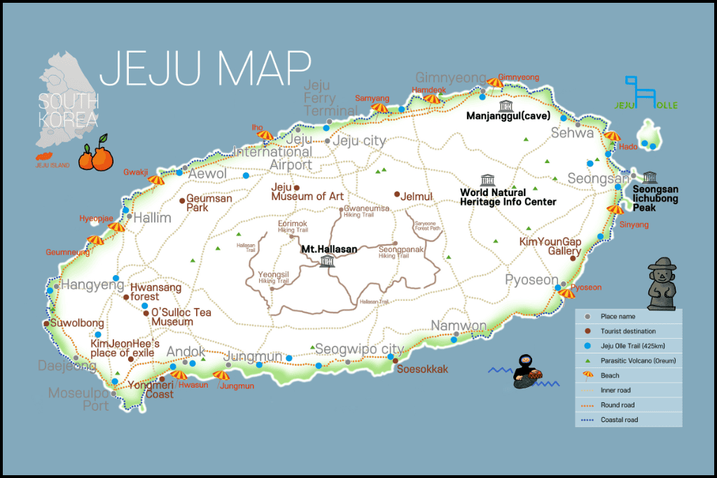 Illustrated map of Jeju Island, South Korea, showing major tourist attractions, beaches, the Jeju Olle Trail, Mt. Hallasan, and surrounding coastal roads.
