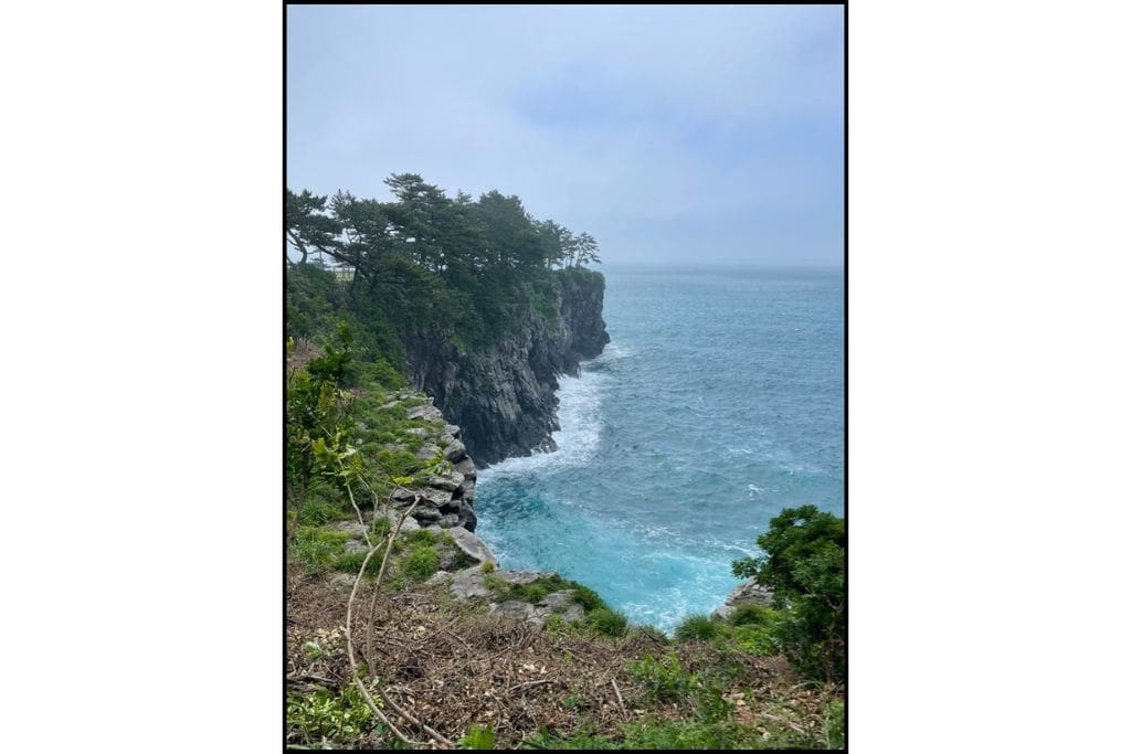 Coastal cliffs near Oedolgae Sea Stack on Jeju Island, South Korea, with lush trees and turquoise waves along the scenic coastal walking trail.