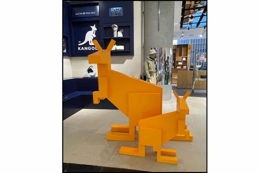 Kangaroo-themed display at the Kangol store in South Korea, featuring multiple kangaroo figures showcasing the brand's iconic logo.