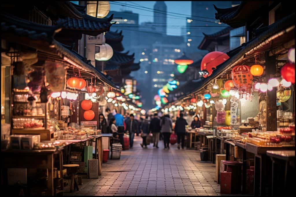 A street market at night in Seoul.