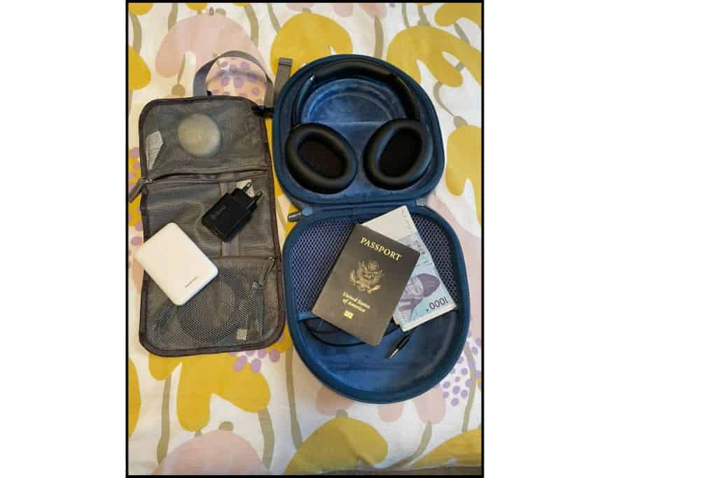 Electronics , headphones, earbuds, external battery, converter ans passport I pack for international travel to Korea.