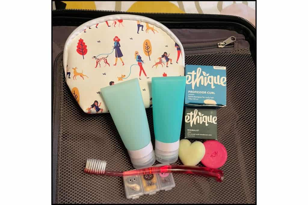 Toiletries organized and ready to be packed for travel.