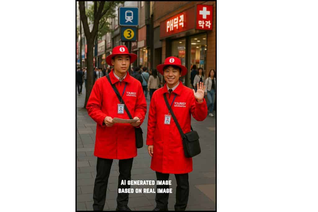 An AI-generated photo of the Red Angel guides, aptly named for their red hats and coats, who help tourists with any questions, hand out maps, and give directions.
