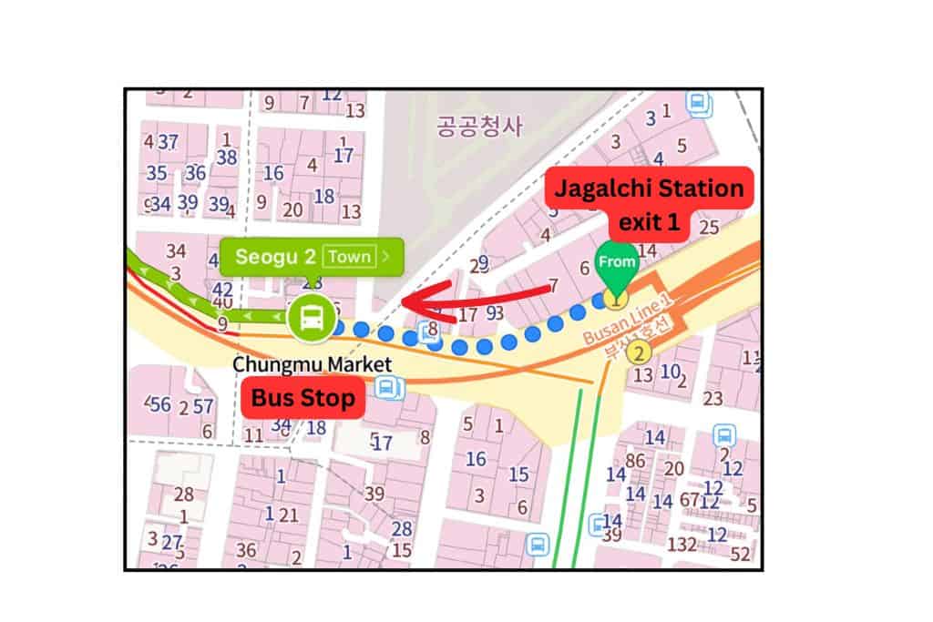 Map showing walking directions from Jagalchi Station Exit 1 to the Seogu 2 Town bus stop in Busan, with red arrow indicating the path to catch the bus to Gamcheon Culture Village