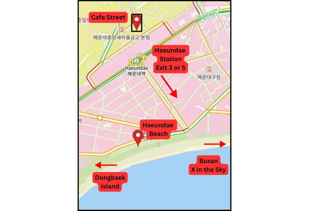 Map showing walking directions from Haeundae Station Exit 3 or 5 to Haeundae Beach in Busan, with nearby landmarks including Dongbaek Island, Cafe Street, and Busan X in the Sky.