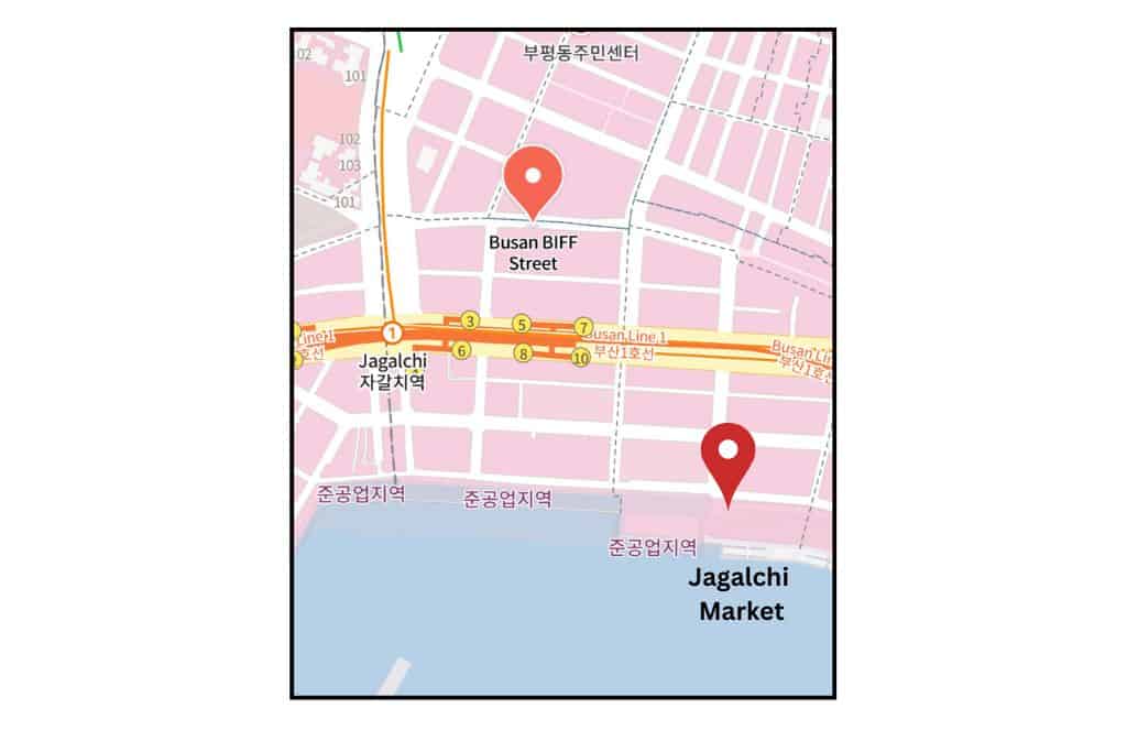 Map showing Jagalchi Station exits with walking paths to BIFF Street and Jagalchi Market in Busan, South Korea.
