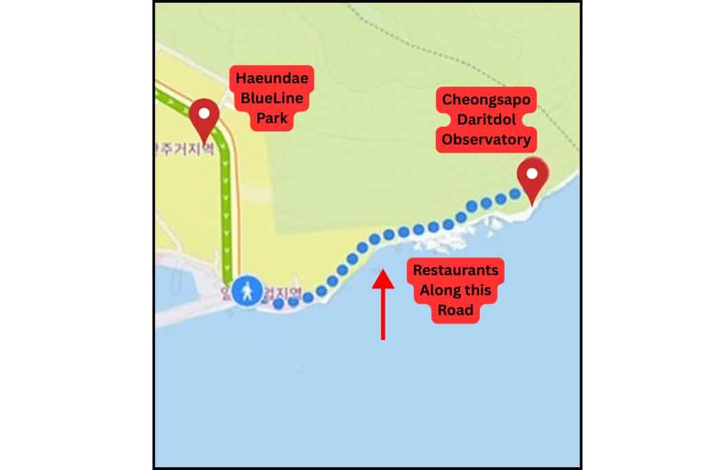 Map showing walking route from Haeundae Blue Line Park to Cheongsapo Daritdol Observatory in Busan, with restaurants lining the road along the coast.