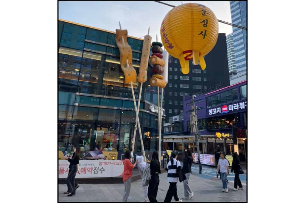 Giant street food skewers and lantern decoration in Haeundae’s on the street to Haeundae beach in Busan.