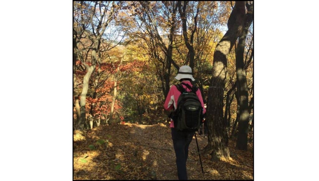 Ajumma hiker walking along the trail at Namhansanseong Fortress in Korea