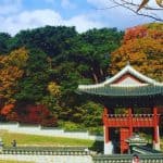 Autumn foliage at Namhansanseong Fortress near Seoul with a traditional red and green pavilion against colorful fall trees.