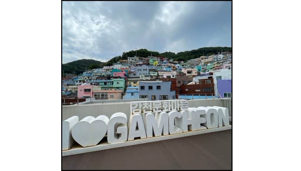 “I Love Gamcheon” sign with colorful hillside houses in Gamcheon Culture Village, Busan