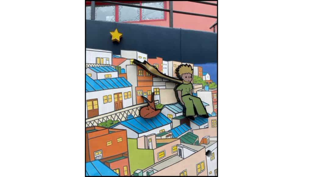 Little Prince mural with hillside houses in Gamcheon Culture Village, Busan