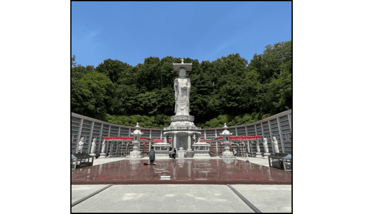 Large Buddha statue at Bongeunsa Temple in Seoul, with temple buildings and greenery in the background.