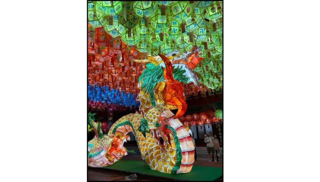 Large illuminated dragon lantern beneath a ceiling of colorful lotus lanterns at Samgwangsa Temple during the Buddha’s Birthday festival.
