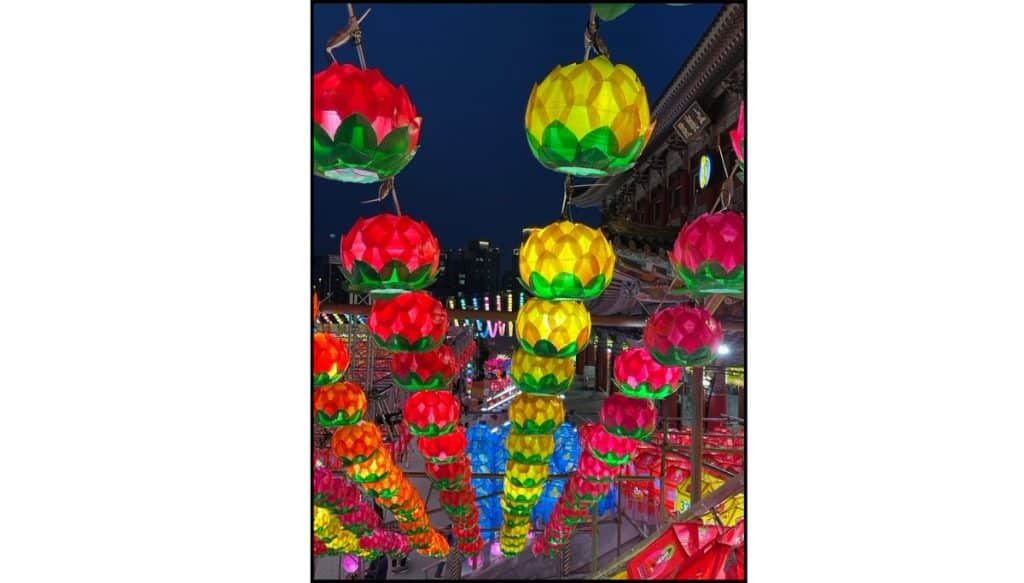 Rows of colorful red and yellow lotus lanterns hanging above the staircase at Samgwangsa Temple during the Buddha’s Birthday lantern festival at night.